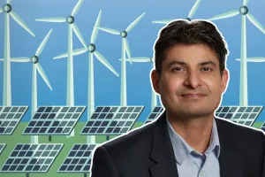 Abhi Sharma headshot in front of solar panels and windmill graphics.